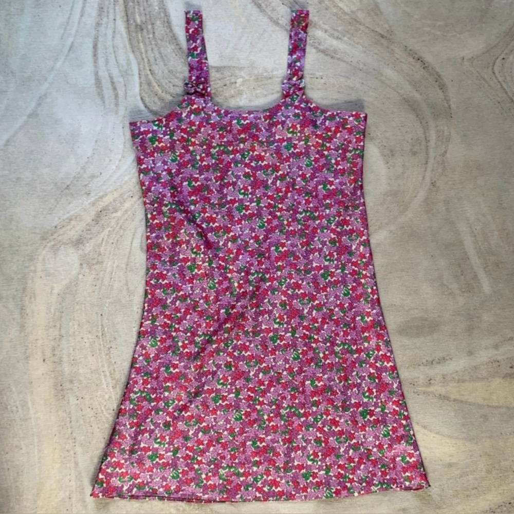 Vintage TNL Mode Pink, Purple, & Green Floral Print Satin Slip Dress Size M